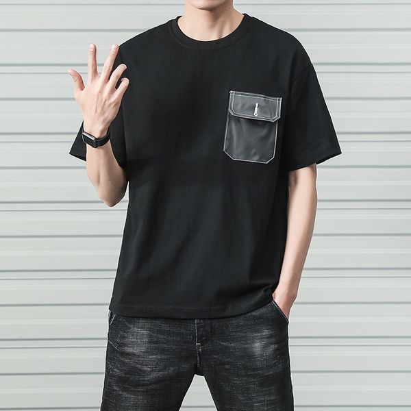 

2019 summer harajuku cotton men t-shirt short sleeve fashion pocket slim fit t shirts o-neck hip hop streetwear men's t-shirt, White;black
