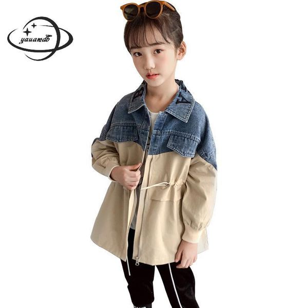 

kids trench coat spring autumn girls jacket overcoat clothing zipper tether cowboy patchwork children windbreaker clothes h80, Blue;gray
