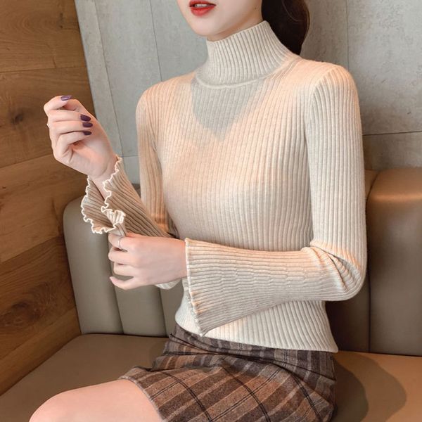 

autumn winter 2019 new korean sweater women flare sleeve solid jumper turtleneck knitted sweater pullover slim bottoming, White;black