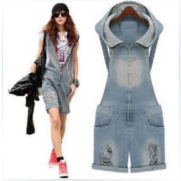 QNPQYX Neue Frauen Mädchen Gewaschene Jeans Denim Casual Loch Overall mit hut Strampler Rückenfreie Overalls Hellblaue Jeans Shorts Hosen dropshipping