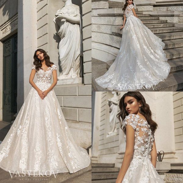

crystal design boho wedding dress a line lace applique jewel neck sweep train beach wedding dress robes de mariée glitter bridal gowns 4508, White