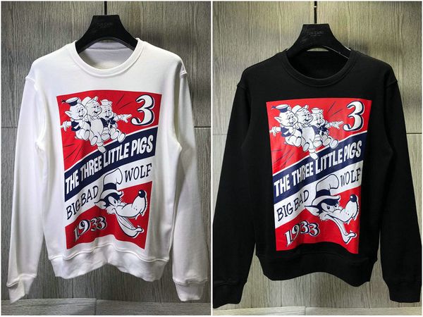 

fashion autumn designer brand clothing mens hoodies pullover three little pigs wolf print cotton casual round neck sweatshirt, Black