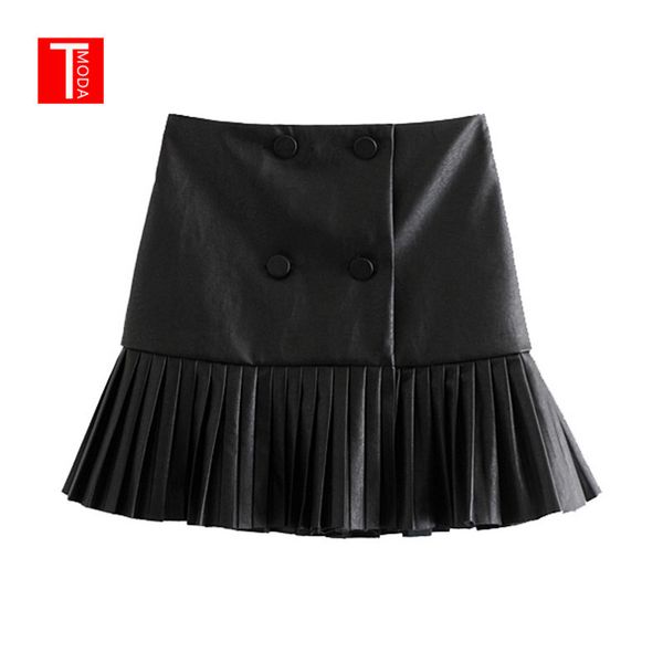 

autumn women black pu leather pleated skirts buttons decorat chic faldas mujer stylish casual solid cute mini skirts