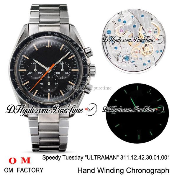 

omf moonwatch speedy tuesday 2 ultraman manual winding chronograph mens watch black dial stainless steel bracelet edition new puretime, Slivery;brown