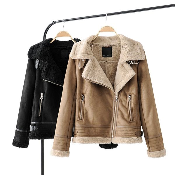 

khaki suede jacket women autumn winter fashion lamb wool liner warm zipper streetwear biker leather coats ladies short outerwear, Black