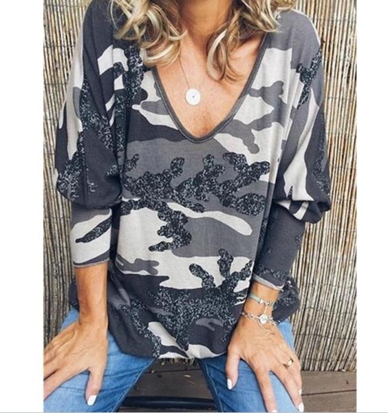 

2020 spring v neck tshirts camouflage printed womens casual womens clothing, White