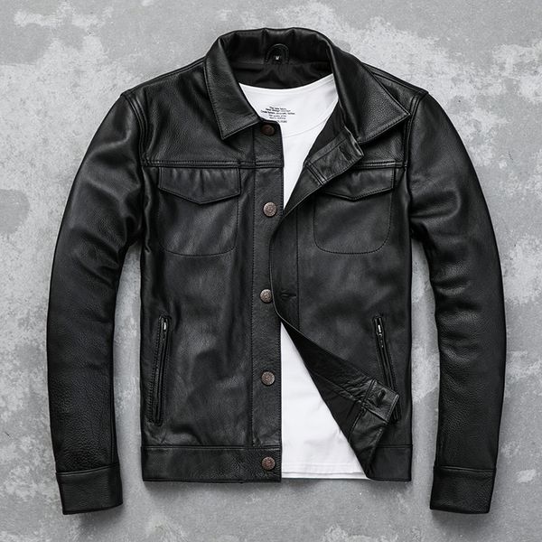

men's short cowhide jeans jacket lapel trim jacket, Black