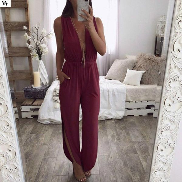 

women deep v-neck solid bandage split hem romper sleeveless jumpsuits ladies summer casual bodysuit 2.28, Black;white