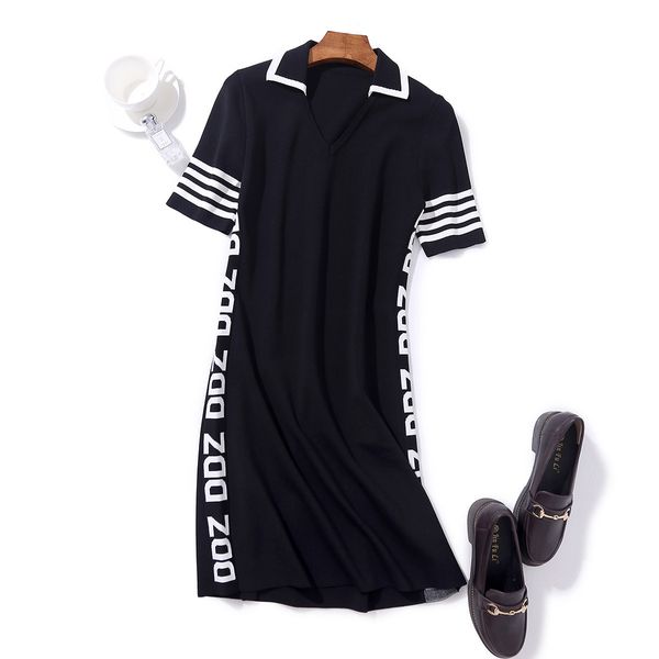 

womens designer casual elegant niche dress autumn knit side letters waist slim lapel short sleeve skirte5sz, Black;gray