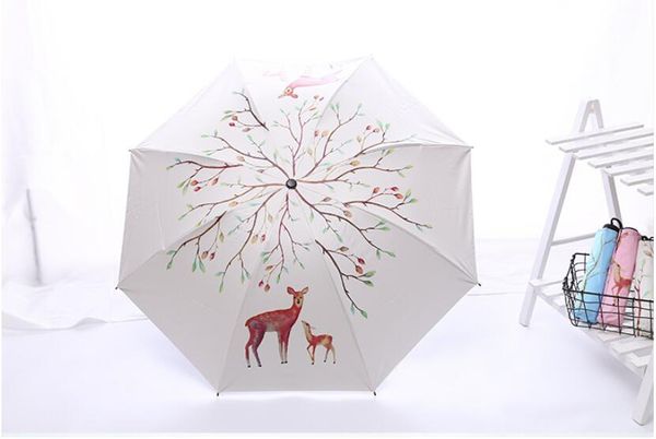 

new small fresh animal elk rain and rain black plastic sunscreen uv protection tri-fold umbrella ing