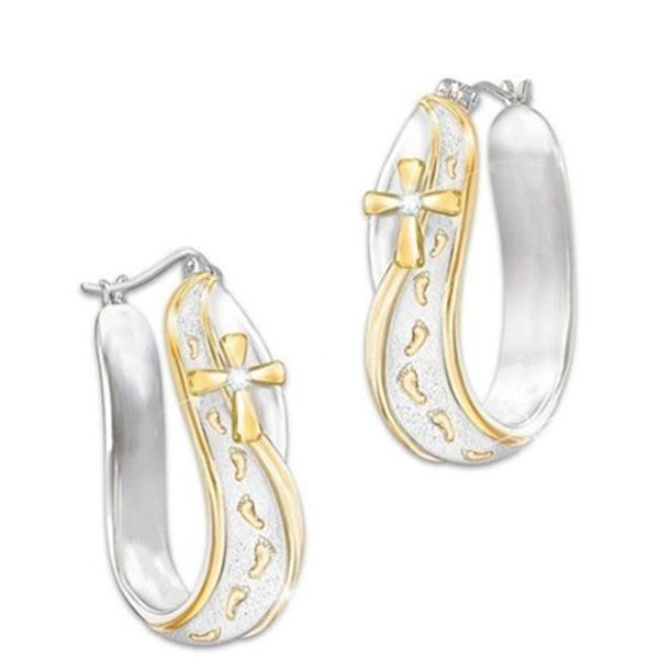 

dual color footprints cross hoop earrings for women chic gold color matte women earrings 2019 wedding engagement jewelry o5e752, Golden;silver