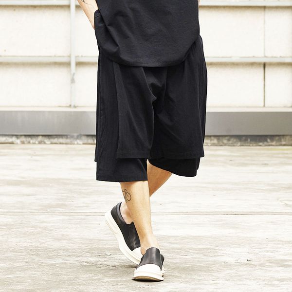 

men streetwear hip hop punk gothic loose casual cotton linen pants male double-layer splice kimono pant summer skirt trousers, Black