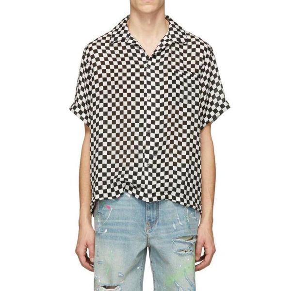 

19ss am1r1 black white silk checkerboard t-shirt lattice shirt tee short sleeve street fashion t-shirt tooling holiday tee summer hfymtx593, White;black