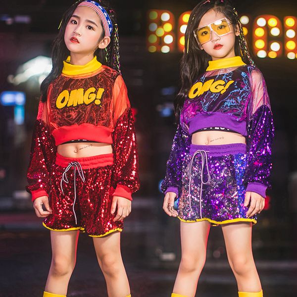 

children's jazz dance costumes girls sequins modern cheerleading clothes kids hip hop street dance costumes 3 pieces set dwy2019, Black;red