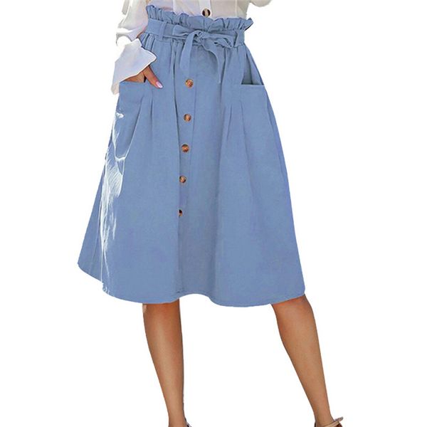 

high waist women skirts summer casual solid color single breasted bandage womens skirts with pocket, Black