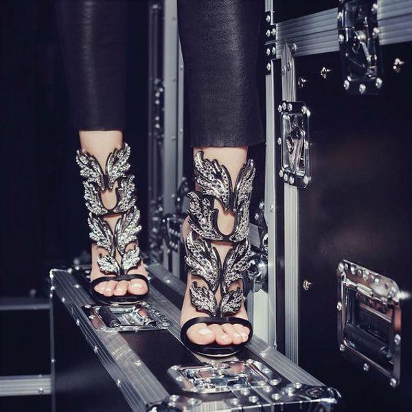 

rhinestone angel wings stiletto lady high heels sandals platform wedge rome style designed pumps party dress shoes leaf heels sandals shoes, Black