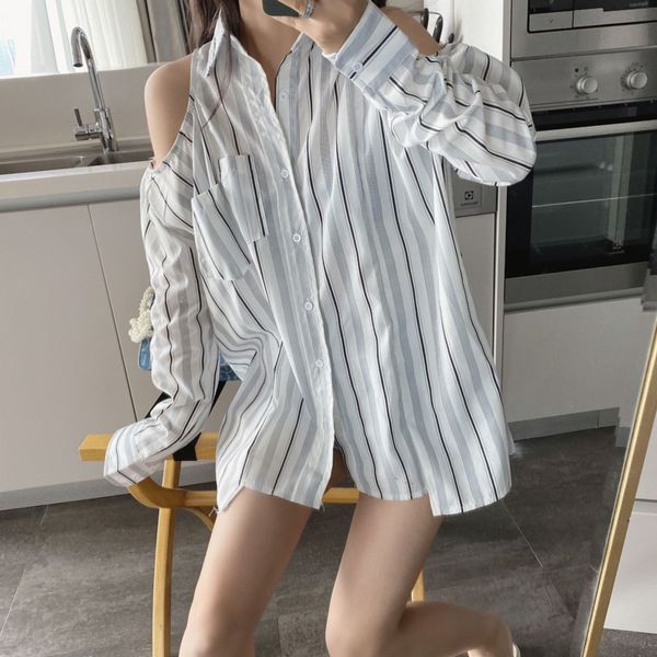 

womengaga 2020 new summer striped strapless loose shirt sigle-breasted long-sleeve girl female turn-down collar streetwear b166, White