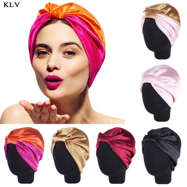 

new double-layer stretch color hooded hat simulation silk lady women nightcap hair care chemotherapy hats, Blue;gray