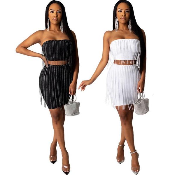 

womens night club 2pcs dresses solid color tassel tube summer style female clothing 2020ss casual apparel, White