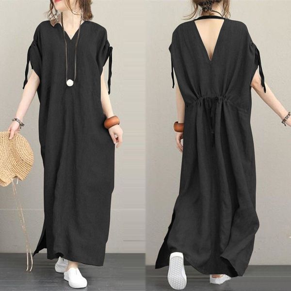 

vintage maxi dresses 2019 zanzea women's sundress batwing sleeve summer vestidos femme v neck split robe plus size shirt dress, Black;gray