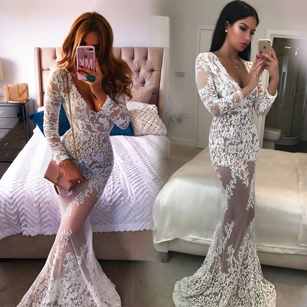 

white long mermaid dresses women deep v neck see through long sleeve party dress elegant floral lace dress vestidos de fiesta, Black;pink