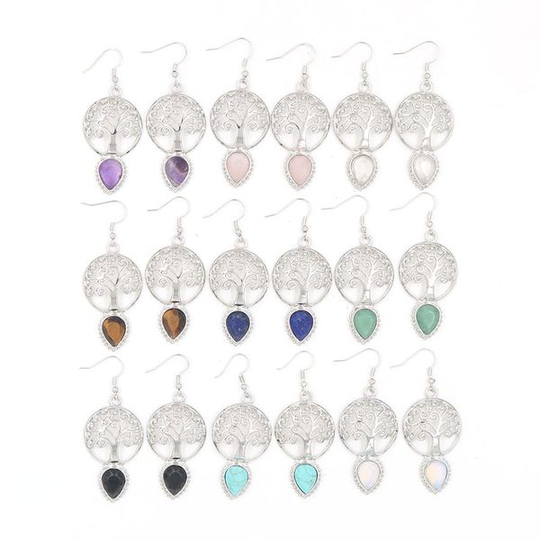 

wholesale 10 pairs silver plated tree of life amethyst stone dangle earrings for women rock crystal water drop jewelry