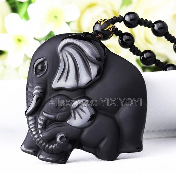 

drop ship chinese handwork natural black obsidian carved mother baby cute elephant amulet lucky pendant necklace fashion jewelry, Silver