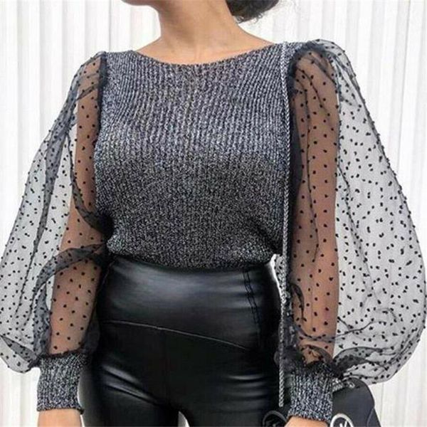 

autumn womens blouse organza ruffled long sleeve round neck solid color polka dot casual club short shirt 2019 new arrival, White