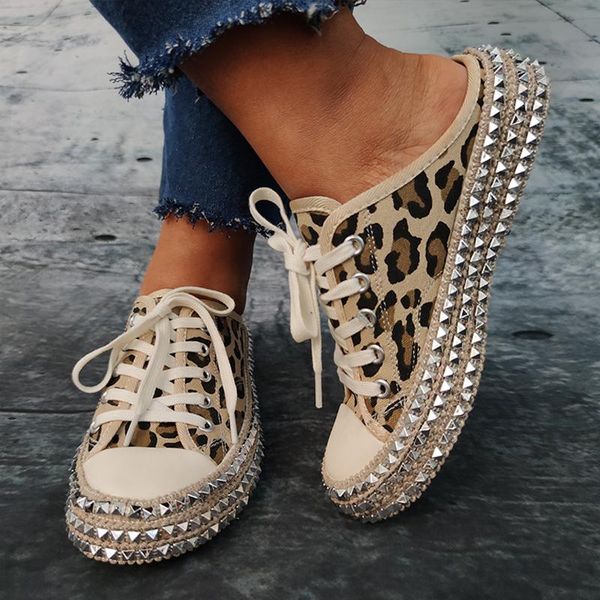 

women sneakers rivets leopard print canvas casual lace-up low-shoes female rope thick bottom leisure women shoes, Black