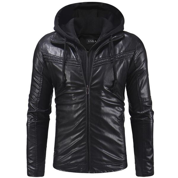 

missky men's leather coat motorcycle jackets clothing pleated design casual style zipper closure hooded for autumn winter, Black