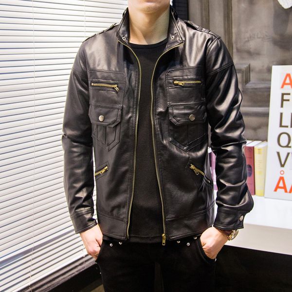 

store owner style fashion multi-pockets design men pu leather jacket england stand collar locomotive leather coat y102, Black