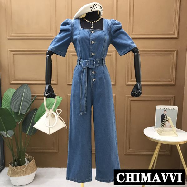 

2020 spring and summer new square collar short-sleeved denim jumpsuit women's straight wide-leg romper lace-up belt slim pants, Blue