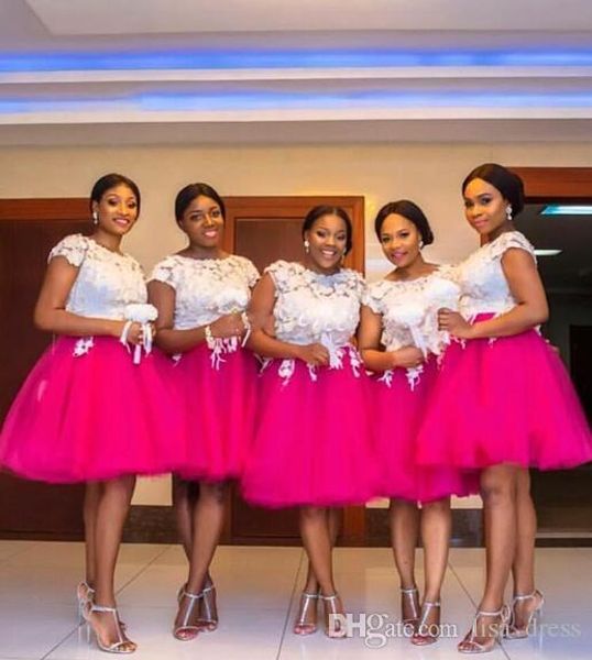 

tutu skirt short bridesmaid dresses african girls a line jewel neck short capped sleeves with lace applique wedding guest dresses, White;pink