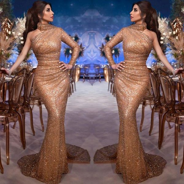 

saudi arabic myriam fares elegant one shoulder evening dresses high neck mermaid long sleeve sequined evening prom gowns bc1686, Black;red