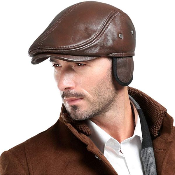 

men's real cowhide leather beret hunting cap beanie trucker cap mens sports hat, Black;white