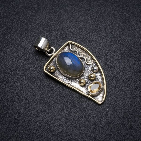 

natural two tones labradorite andcitrine handmade unique 925 sterling silver pendant 1.75" x0602