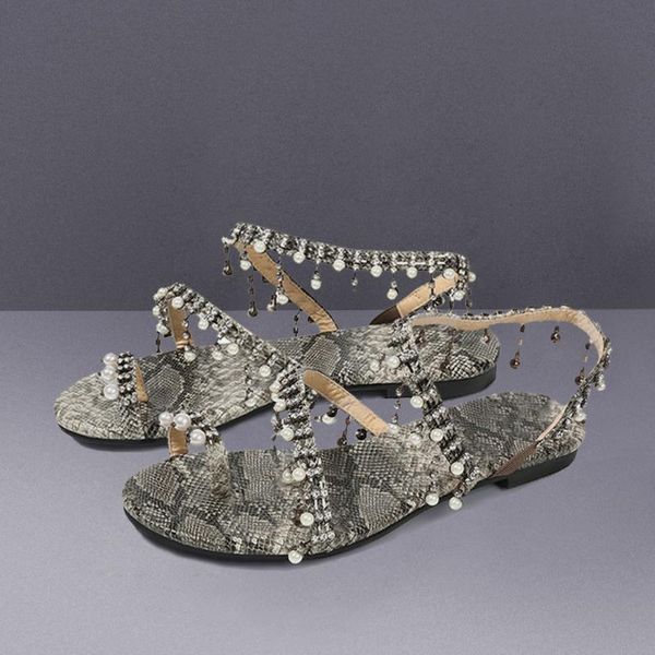 

womens snake print shoes non-slip pearl breathable lady 2020 new flat beading open toe shoe light sandals#, Black