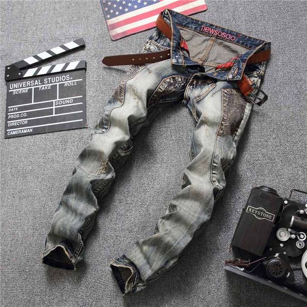 

mens jeans 2019 new arrival fashion casual retro patchwork distrressed hole washed men's straight jean wholesale, Blue