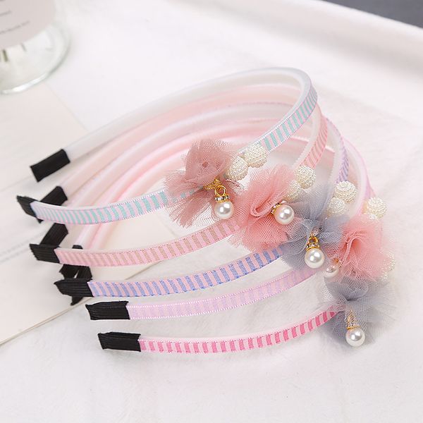 

new lace flowers pearl hairband for children stripe lattice princess hair bands kids gifts bezel wholesale hair accessories, Slivery;white