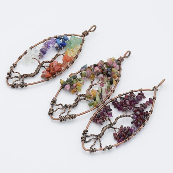 

handmade 7 chakra tree of life natural mixed stone tiger eye aventurine bronze copper wire wrap women necklace pendant jewelry aabkx, Silver