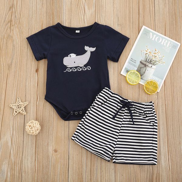 

infant cartoon romper set newborn baby boys rompers clothes suit embroidered short sleeved jumpsuit + striped shorts suit 2pcs, Blue