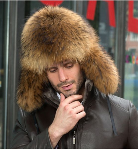 Quente Unisex inverno cheio coberto naturais Raccoon chapéus de pele russo Ski Cap Earflap Trapper Brown real