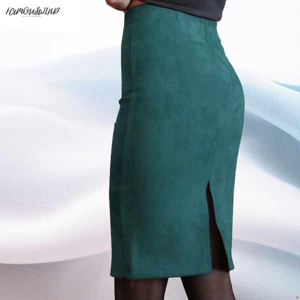 

skirts deals super women suede solid color pencil skirt female spring autumn basic high waist bodycon split knee length, Black