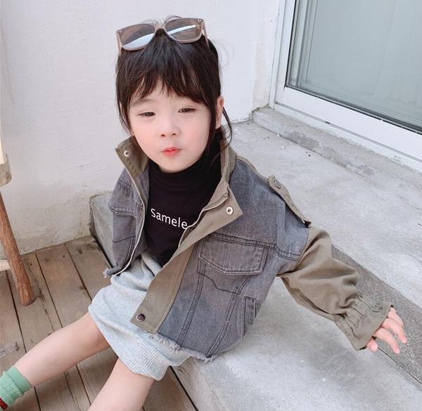 

2019 new wholesale girls denim patchwork coat autumn fashion full sleeve girls jacket 3-8t hw26, Blue;gray