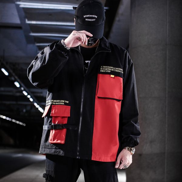 

men streetwear hip hop cargo jacket casual harajuku contrast color patchwork letter printed pocket outwear coats fashion clothes, Black;brown