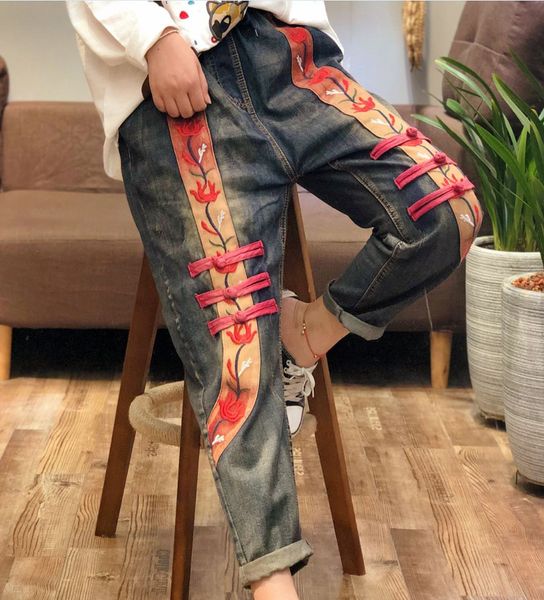 

autumn cloth button embroidery national wind restoring waist new cowboy collapse height pants women long pant girl, Blue