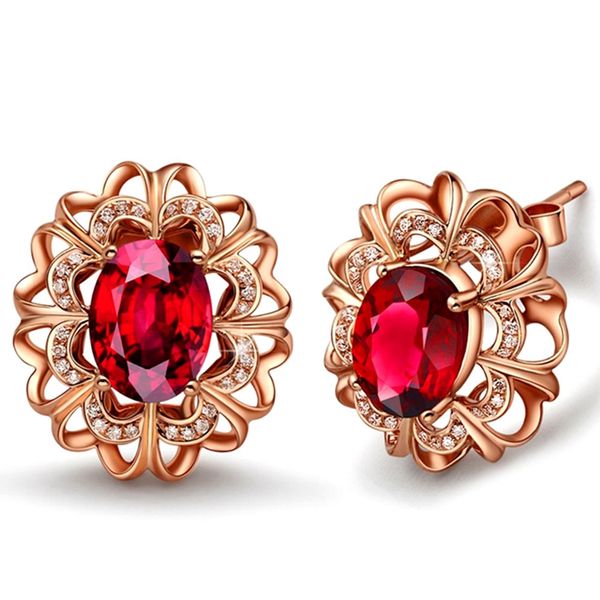 

ruby gemstones red crystal zircon diamond stud earrings for women femme brincos 18k rose gold party jewelry bijou christmas gift, Golden;silver