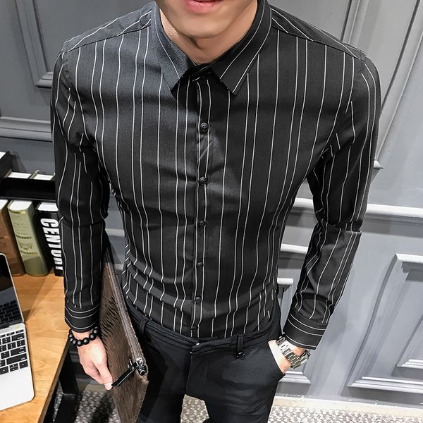 

gzdeerax stripe long sleeve mens shirts luxury business and casual simple mens dress shirts fashion slim fit casual male, White;black