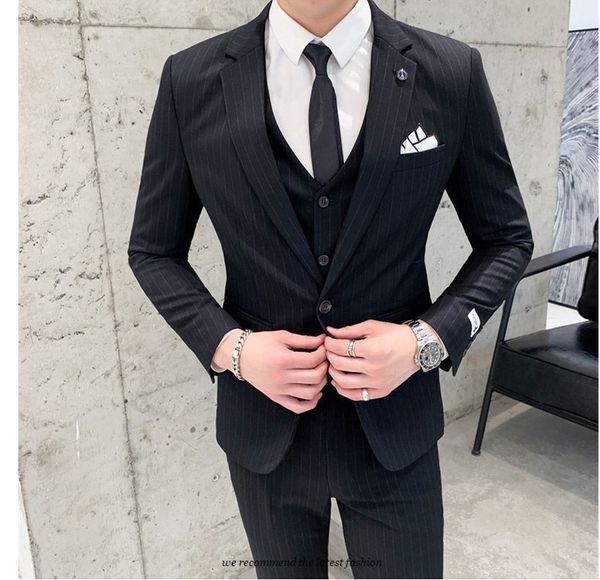 

brand new black stripe groom tuxedos notch lapel groomsman wedding 3 piece suit fashion men business jacket blazer(jacket+pants+tie+vest)679, Black;gray