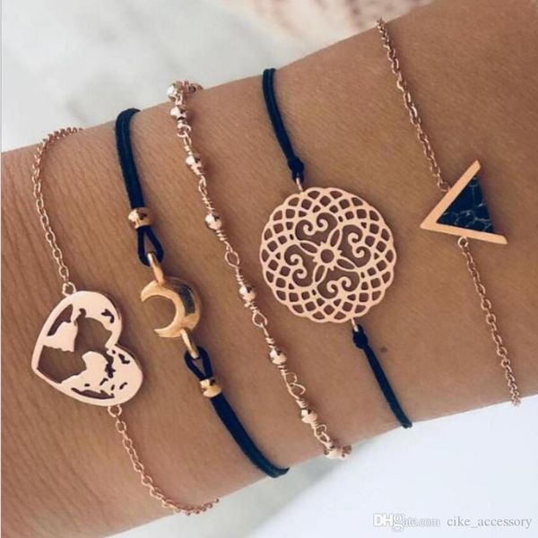 

bracelet set rope metal chain moon heart world map round hollow-out flower triangle charm black glass setting gold color plated, Golden;silver